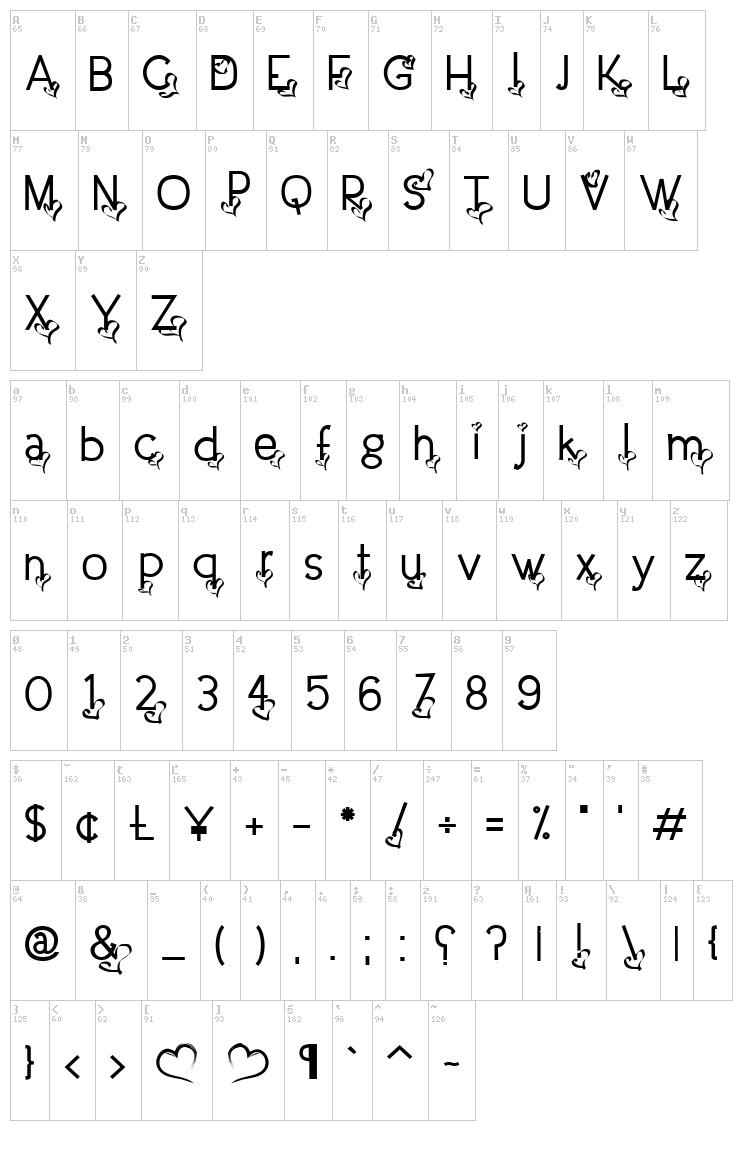 Dream Love Valentine font map